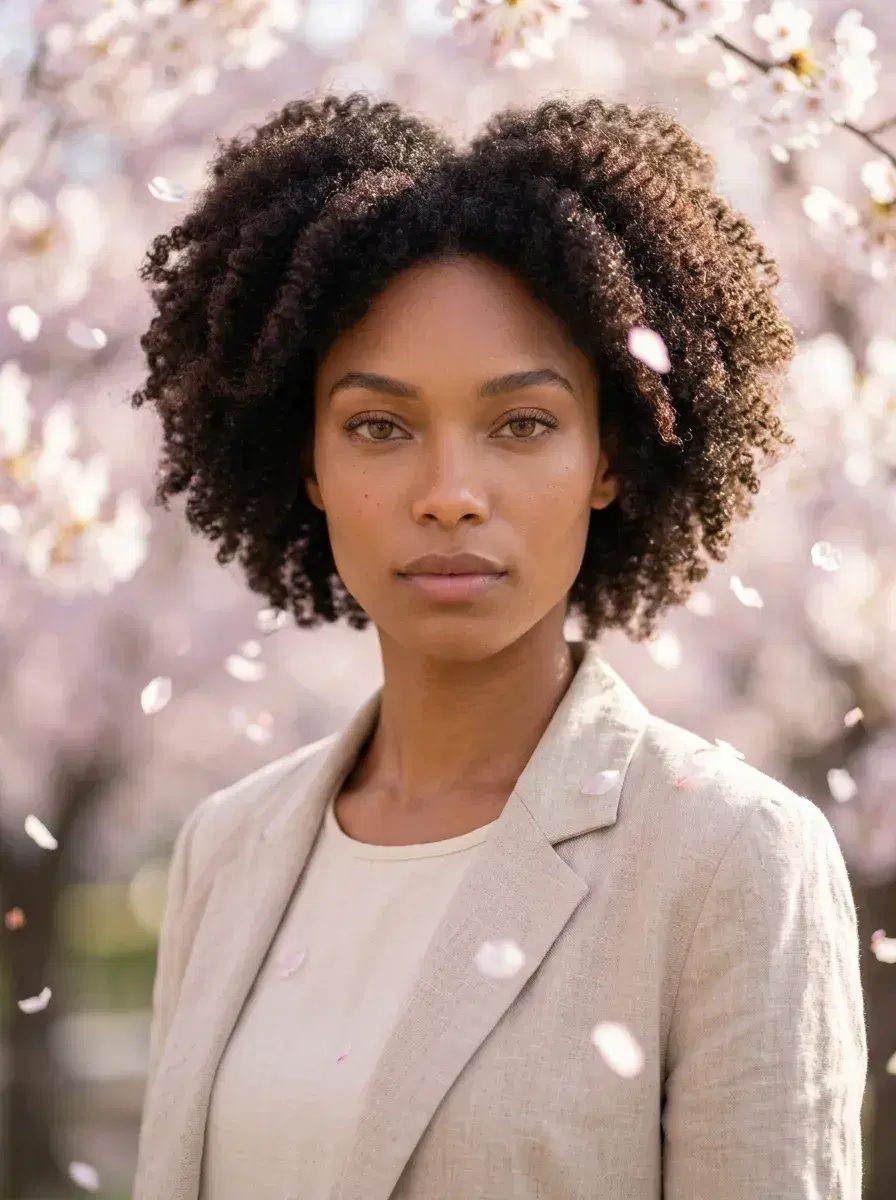 AI AI April Photos — Spring Vibes — Person in cherry blossom grove with falling petals for AI April photo dump