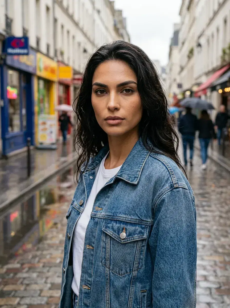 AI AI April Photos — Spring Vibes — Person on wet cobblestone street after spring rain for AI April photos