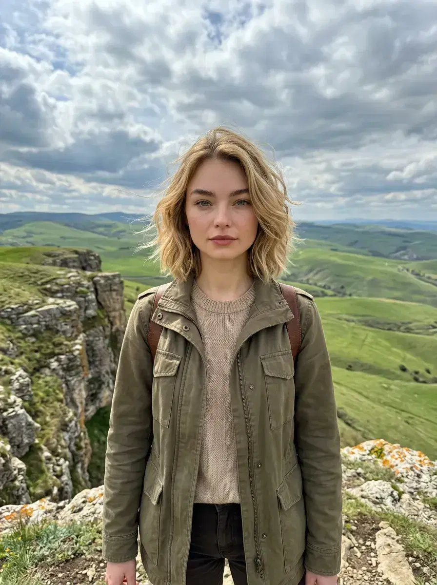 AI AI April Photos — Spring Vibes — Person overlooking green spring hills under dramatic April clouds for AI photo dump