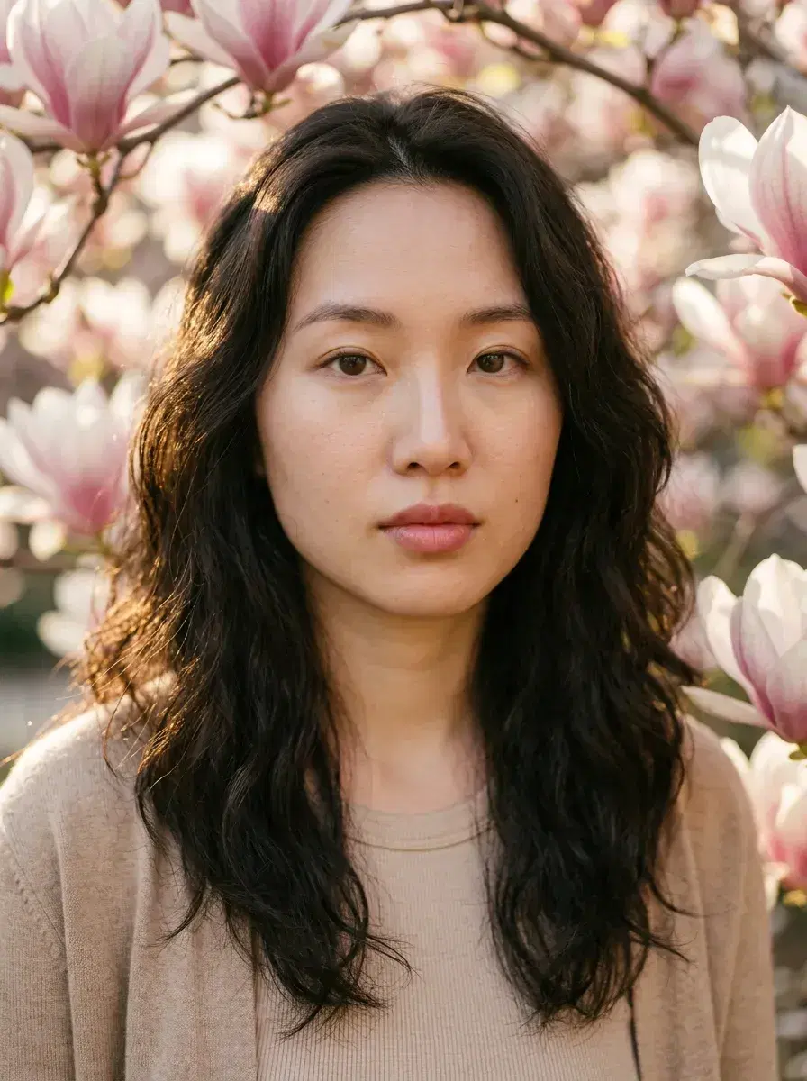 AI AI April Photos — Spring Vibes — Close-up portrait with magnolia blooms and golden-hour light for AI April photos
