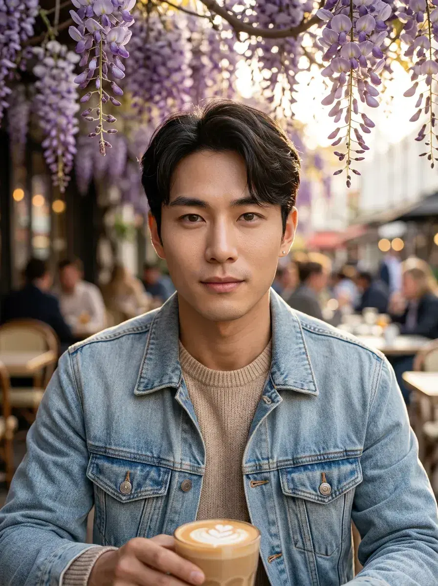 AI AI April Photos — Spring Vibes — Person under blooming wisteria at an outdoor café for AI April photos