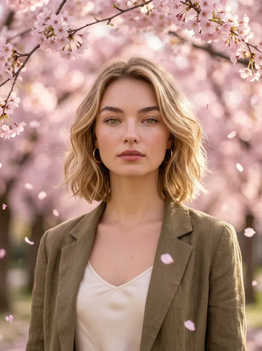 AI AI April Photos — Spring Vibes — Person standing under cherry blossom trees in full bloom for an AI April photo dump