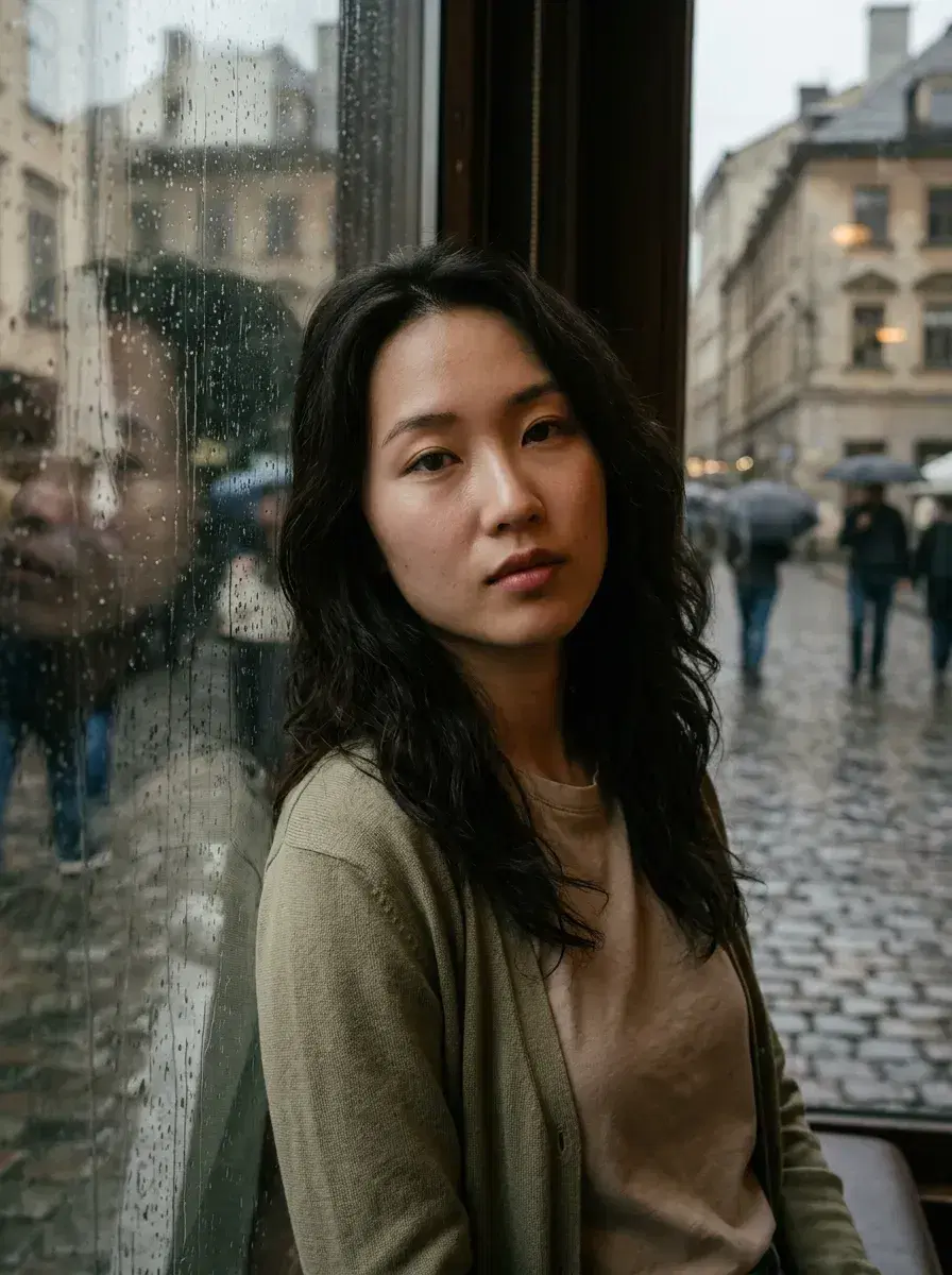 AI AI April Photos — Spring Vibes — Person at a rainy café window in a moody spring scene for AI April photos