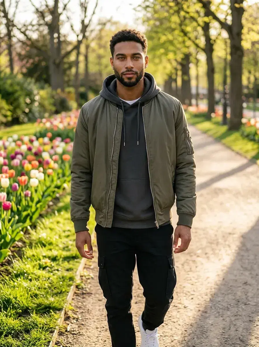 AI AI April Photos — Spring Vibes — Person on a tulip-lined park path in golden April light for AI spring photo dump