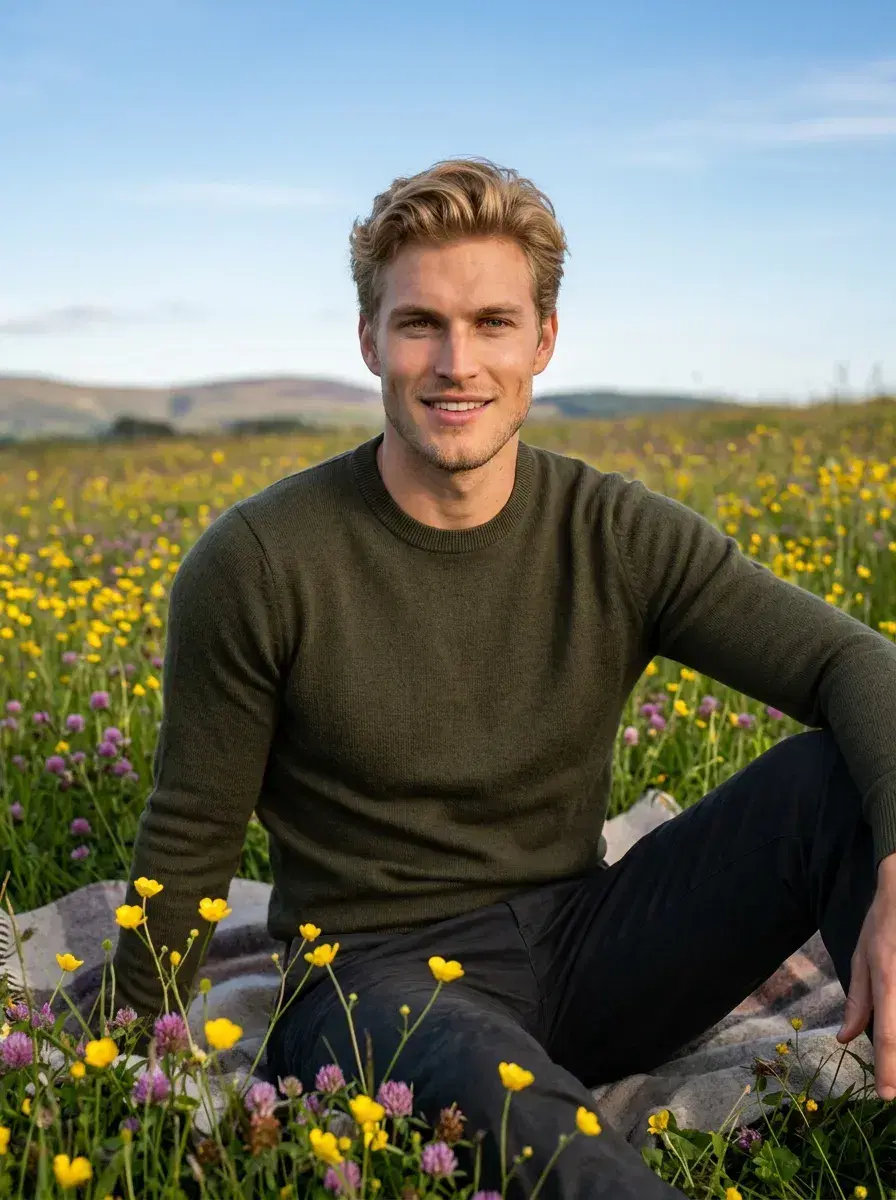 AI AI April Photos — Spring Vibes — Person in a wildflower meadow for a spring AI April photo dump