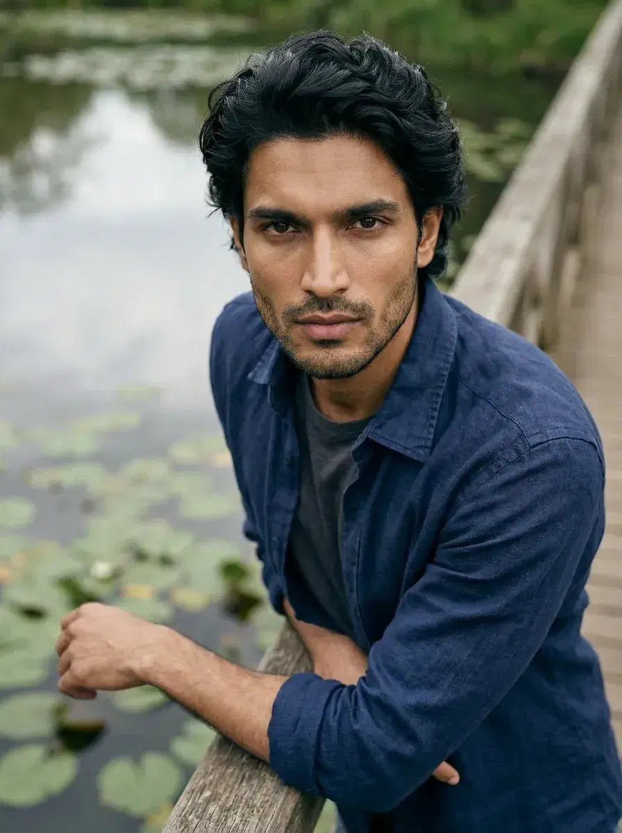 AI AI April Photos — Spring Vibes — Person on a wooden bridge over a spring pond for AI April photos