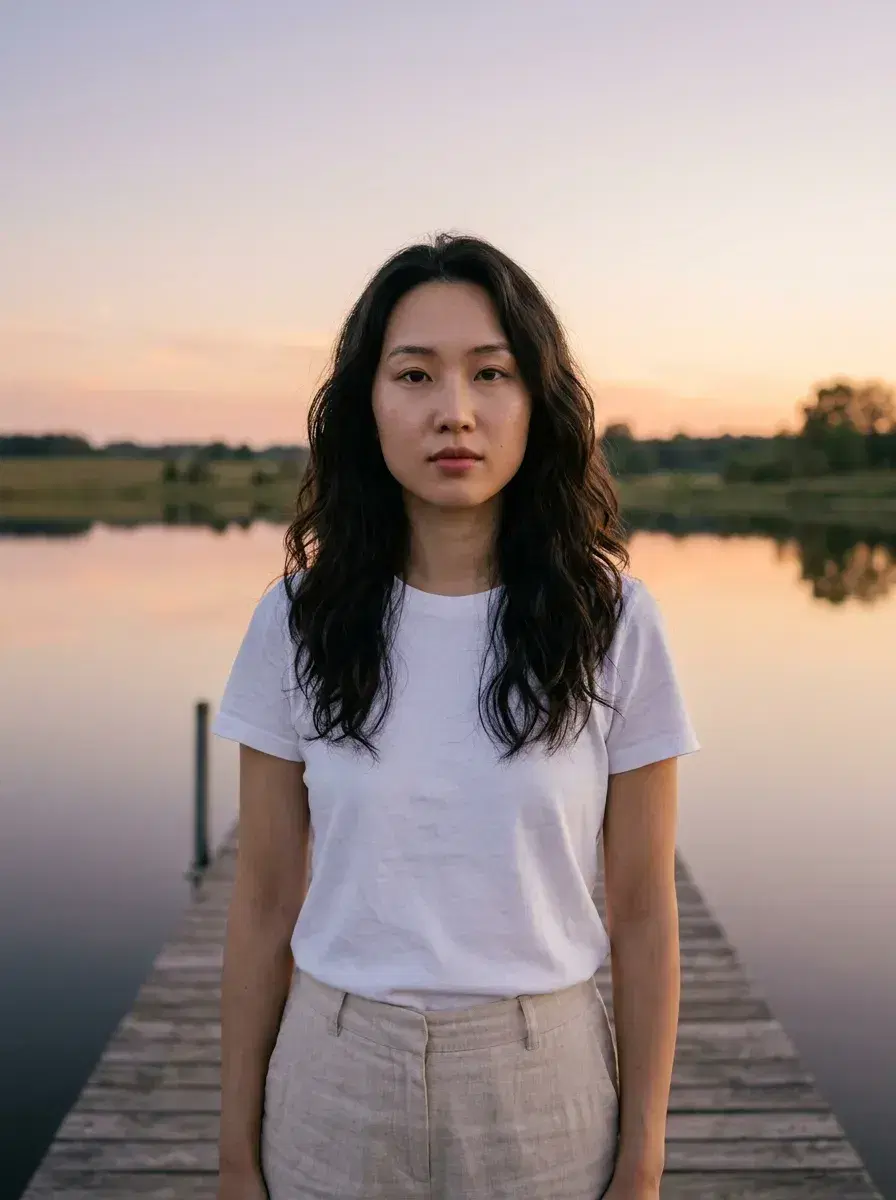 AI AI August Photos — Sun-Drenched Vibes — Lakeside pier dusk portrait — AI August photo