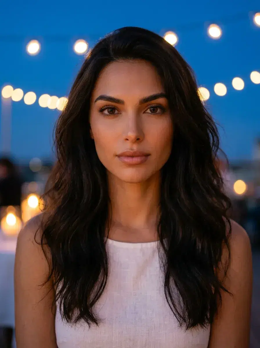 AI AI August Photos — Sun-Drenched Vibes — Rooftop bar string lights evening portrait — AI August photo