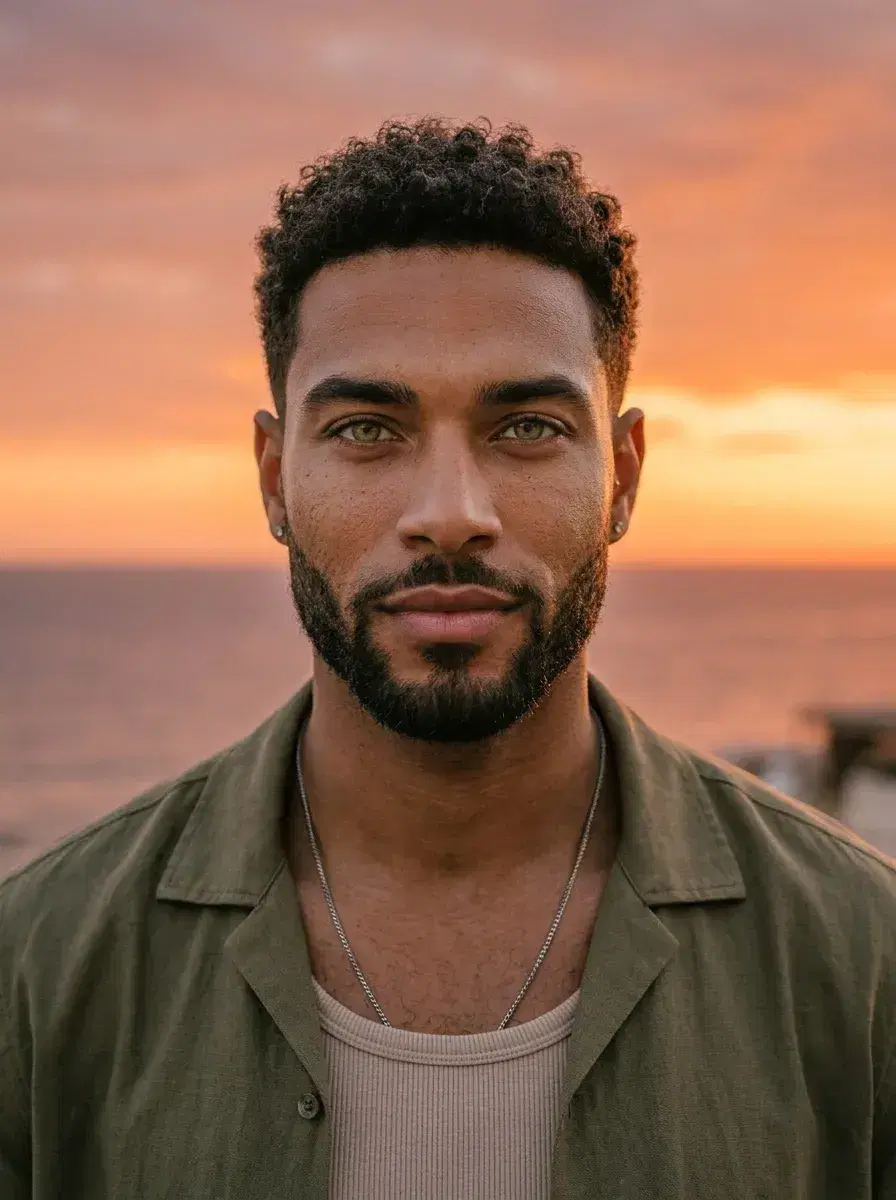 AI AI August Photos — Sun-Drenched Vibes — Sea terrace magic hour close-up portrait — AI August photo