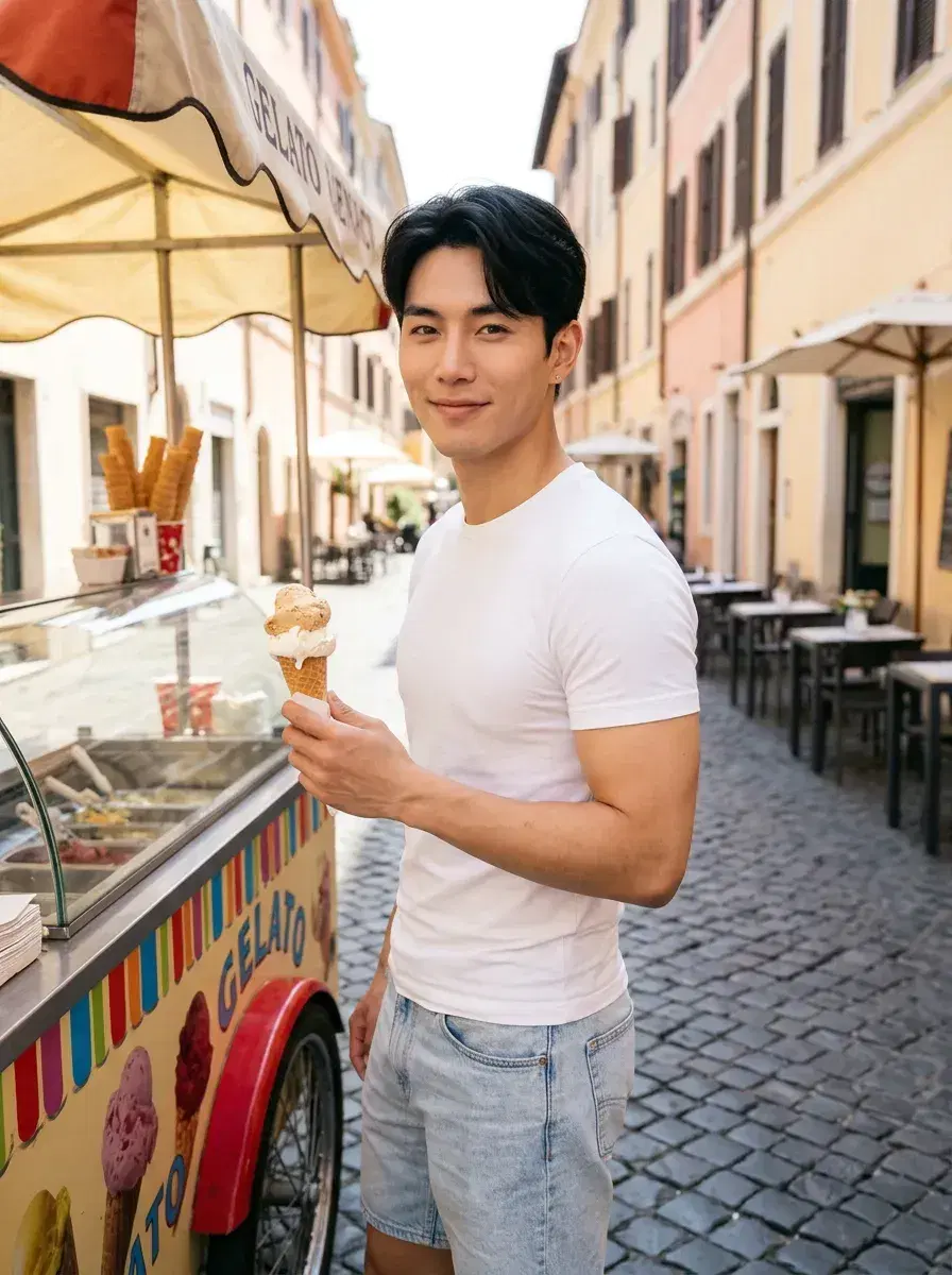 AI AI August Photos — Sun-Drenched Vibes — Person on summer street with ice cream cart — AI August photo