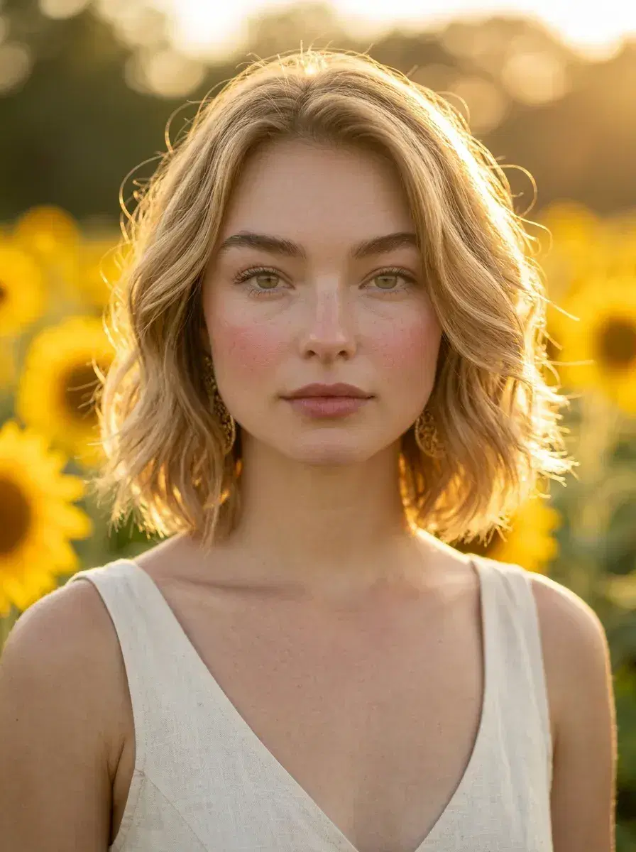 AI AI August Photos — Sun-Drenched Vibes — Close-up portrait in sunflower field glow — AI August photo