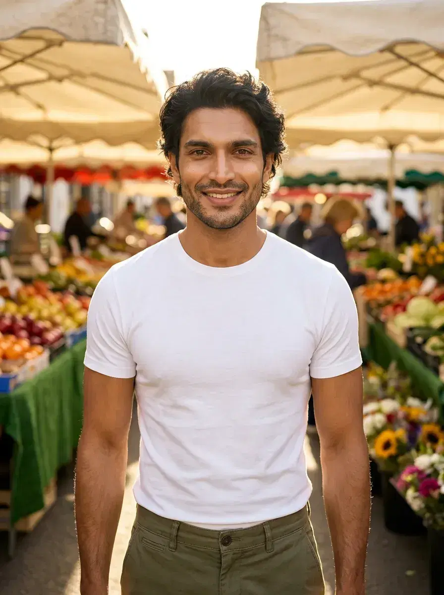 AI AI August Photos — Sun-Drenched Vibes — Farmers market morning light portrait — AI August photo