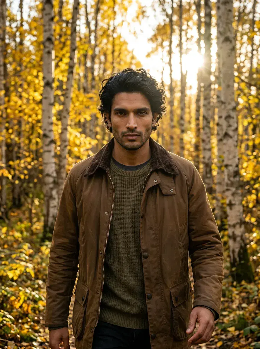 AI AI Autumn Photos — Golden Season Portraits — Person on a birch forest trail with golden yellow autumn leaves