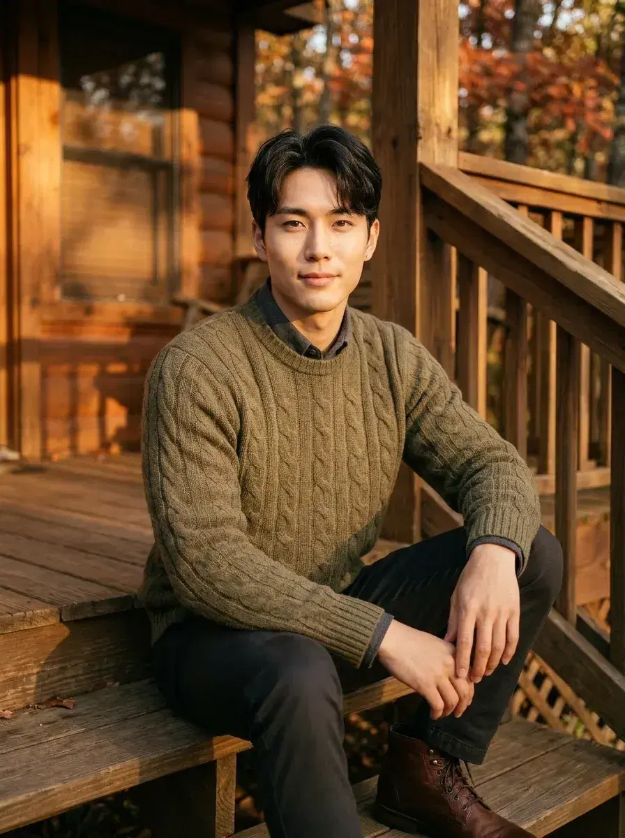 AI AI Autumn Photos — Golden Season Portraits — Person on a rustic cabin porch surrounded by autumn leaves