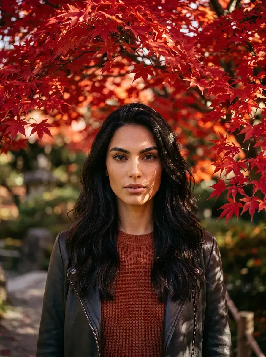 AI AI Autumn Photos — Golden Season Portraits — Person under a vivid red Japanese maple canopy in an autumn garden