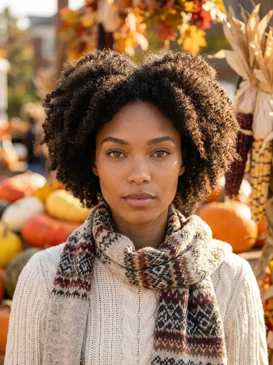 AI AI Autumn Photos — Golden Season Portraits — Person at an autumn harvest market with pumpkins and seasonal decor