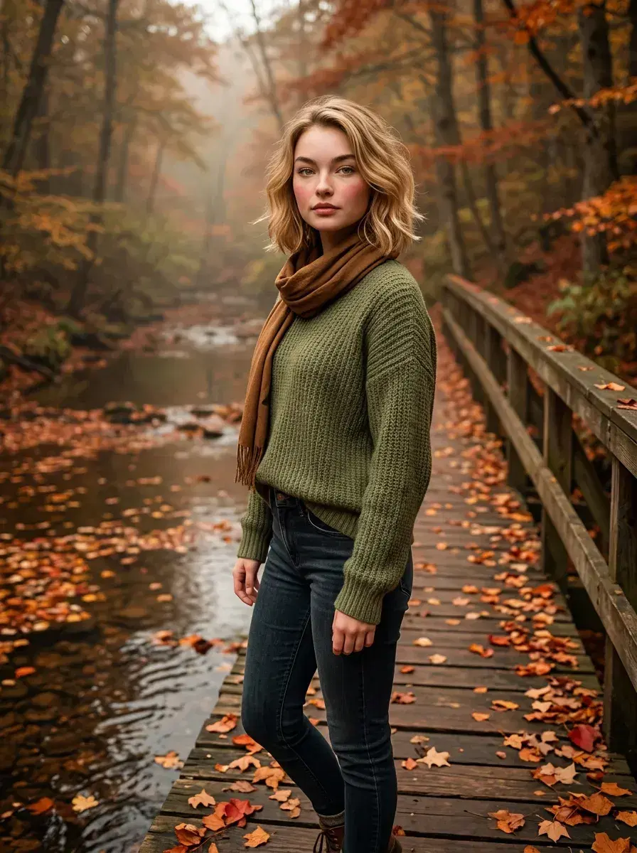AI AI Autumn Photos — Golden Season Portraits — Person on a wooden bridge over a leaf-covered autumn stream