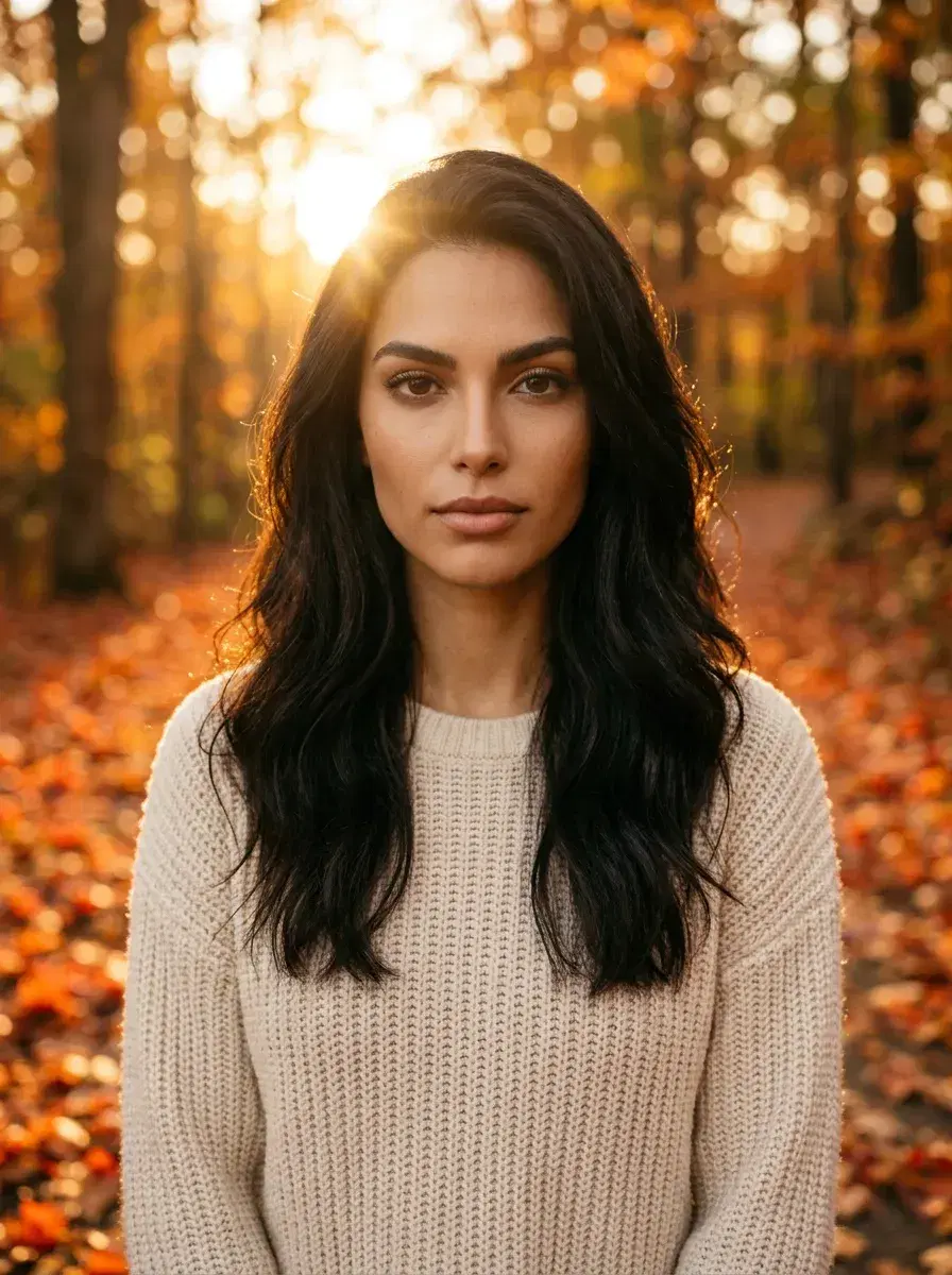 AI AI Autumn Photos — Golden Season Portraits — Person standing on a leaf-covered forest path in golden autumn light