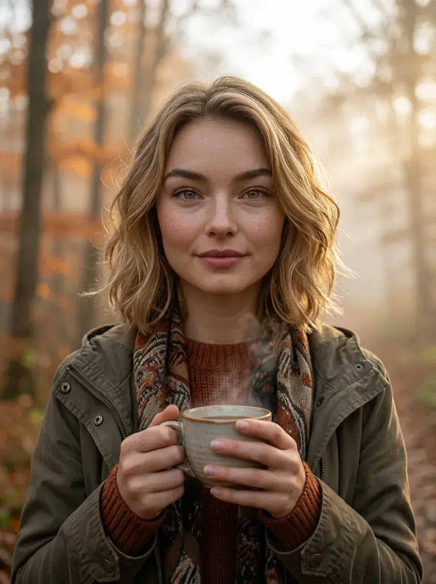 AI AI Autumn Photos — Golden Season Portraits — Person with coffee on a misty autumn woodland trail at dawn