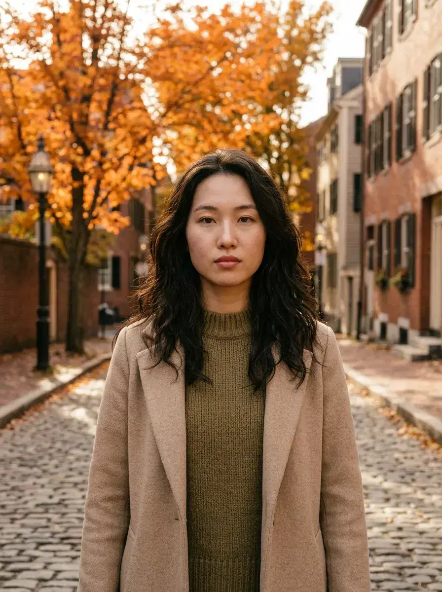 AI AI Autumn Photos — Golden Season Portraits — Person on a cobblestone autumn street in a charming New England village