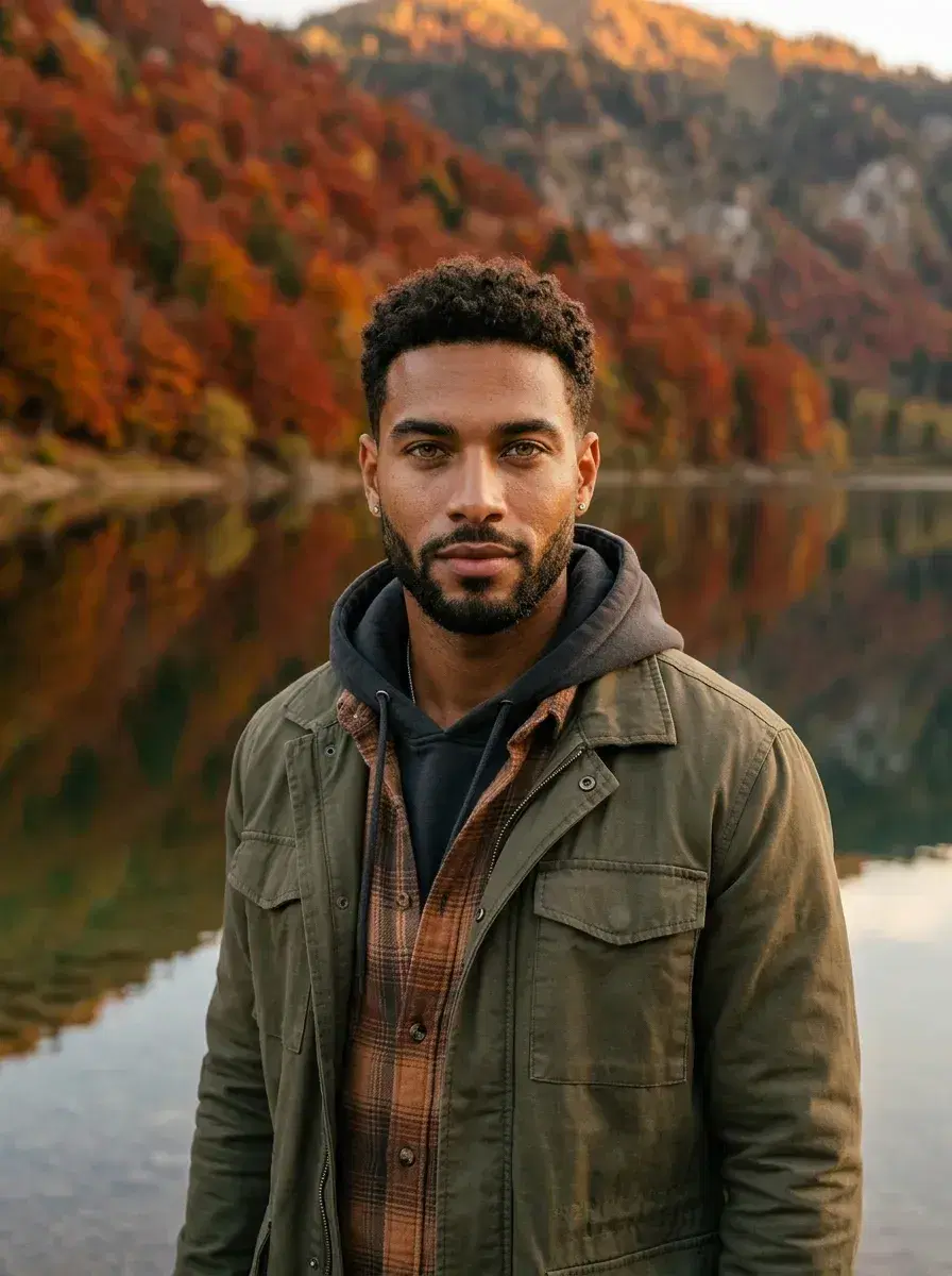 AI AI Autumn Photos — Golden Season Portraits — Person at a mountain lake with vivid autumn foliage reflection