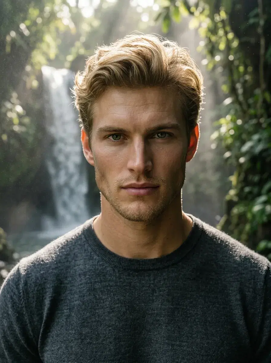 AI LinkedIn headshot — waterfall Jungle Scene