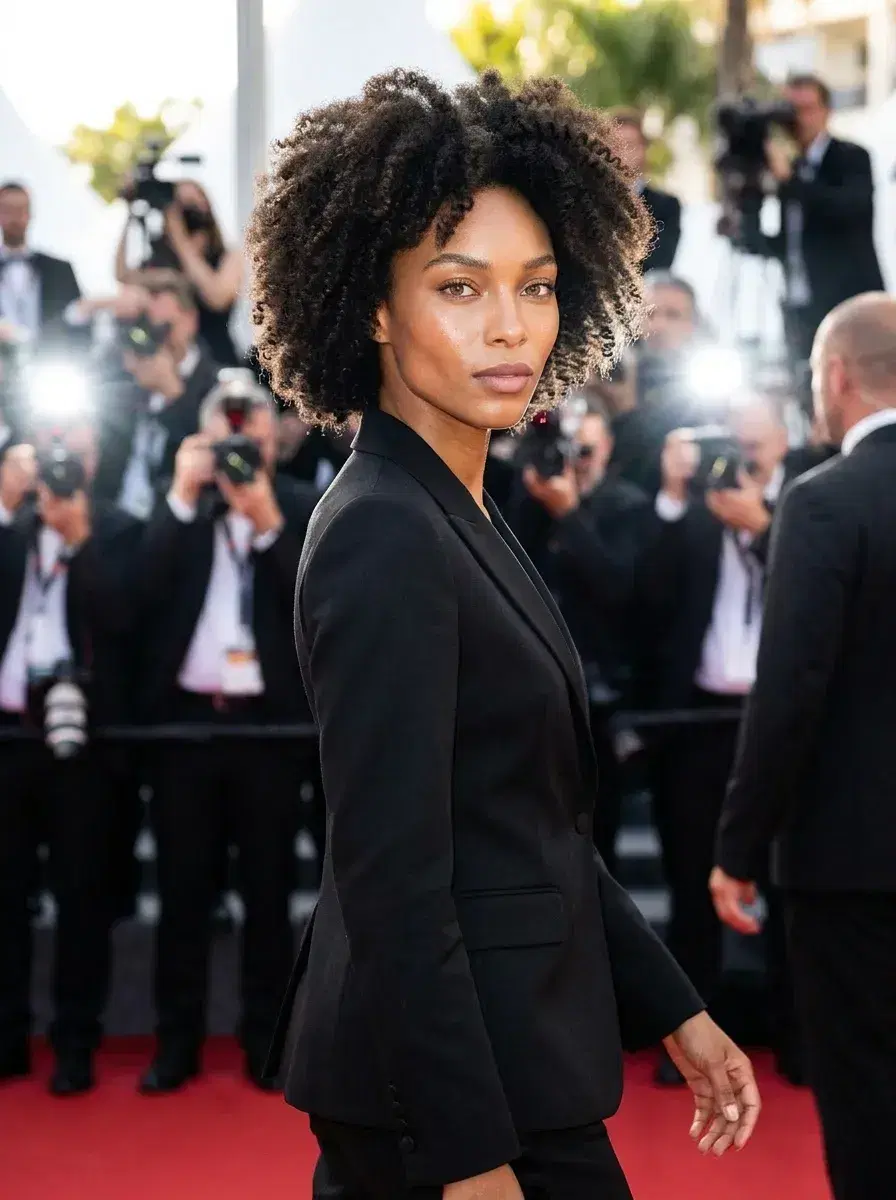 AI AI Celebrity Photos — Star-Level Glamour — Three-quarter red carpet walk in designer suit — AI celebrity photo