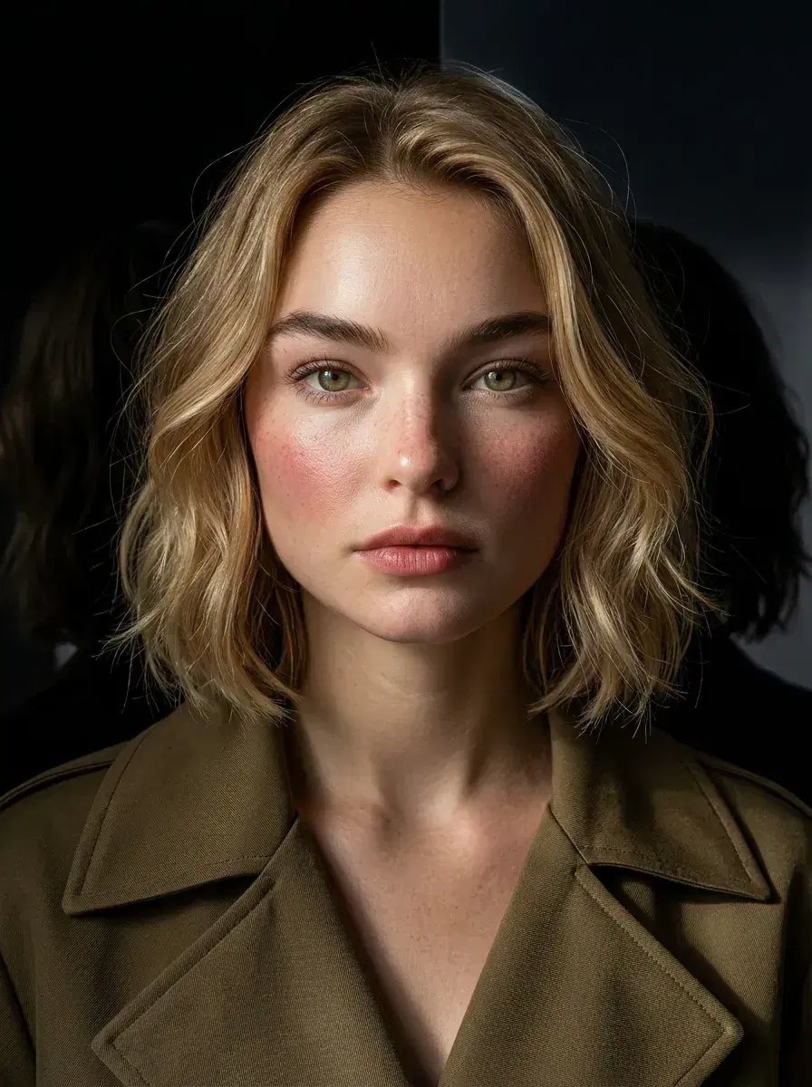 AI AI Celebrity Photos — Star-Level Glamour — Bold editorial chest-up portrait with dramatic split lighting — AI celebrity look