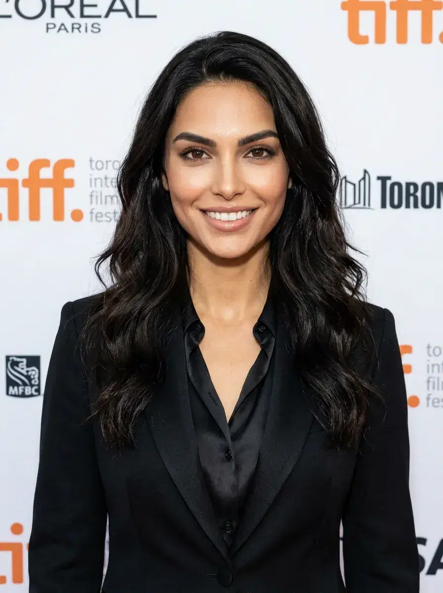 AI AI Celebrity Photos — Star-Level Glamour — Press junket waist-up shot on step-and-repeat backdrop — AI celebrity portrait