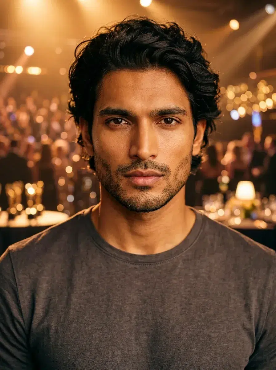 AI AI Celebrity Photos — Star-Level Glamour — Awards ceremony close-up portrait with golden stage lighting — AI celebrity photo