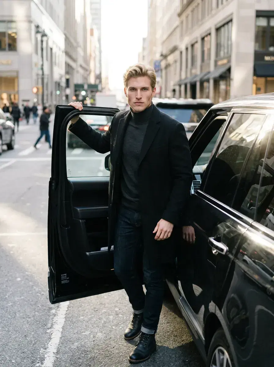 AI AI Celebrity Photos — Star-Level Glamour — Paparazzi-style street shot exiting a luxury SUV — AI celebrity photo by Pose AI