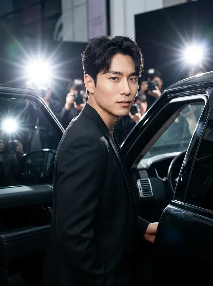 AI AI Celebrity Photos — Star-Level Glamour — Person stepping onto a red carpet in designer attire with paparazzi flashbulbs — AI celebrity photo