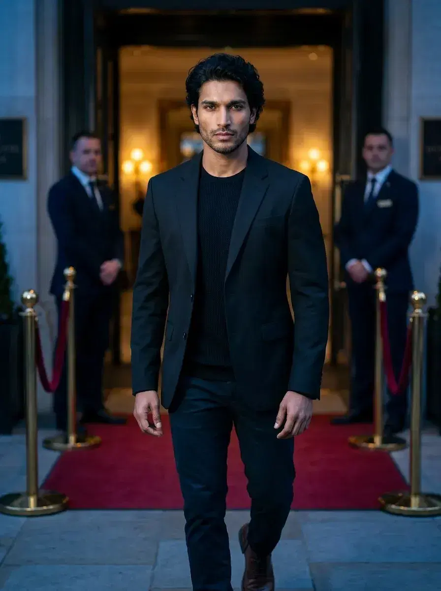 AI AI Celebrity Photos — Star-Level Glamour — Three-quarter celebrity-style shot outside a luxury hotel — AI photo by Pose AI