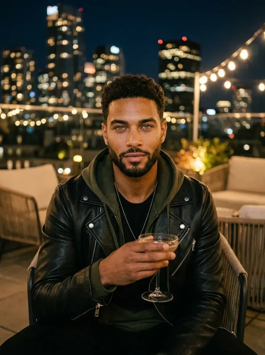 AI AI Celebrity Photos — Star-Level Glamour — VIP rooftop lounge AI celebrity scene — Pose AI generated photo