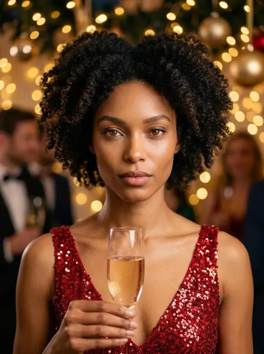 AI AI Christmas Photos — glamorous Christmas party, red outfit, fairy lights and champagne