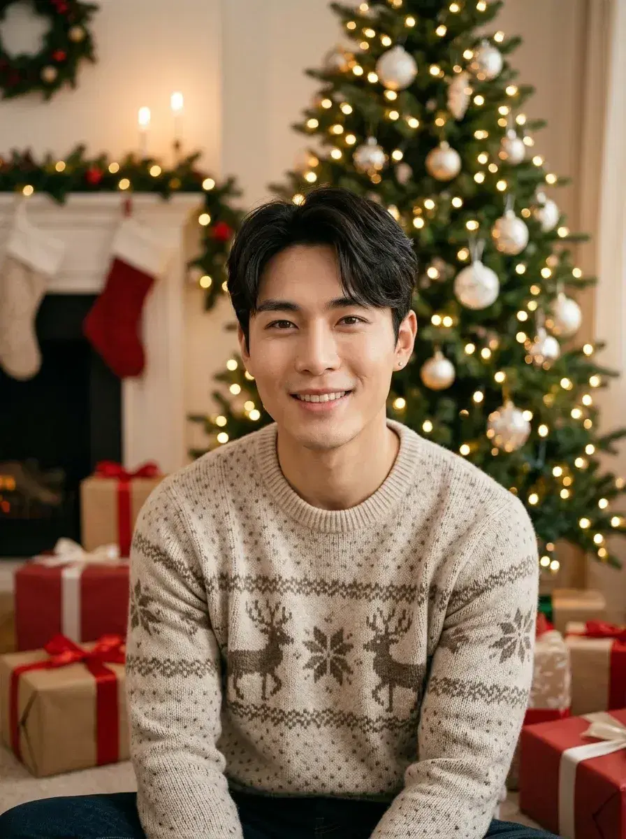 AI AI Christmas Photos — Christmas sweater, wrapped gifts under decorated tree