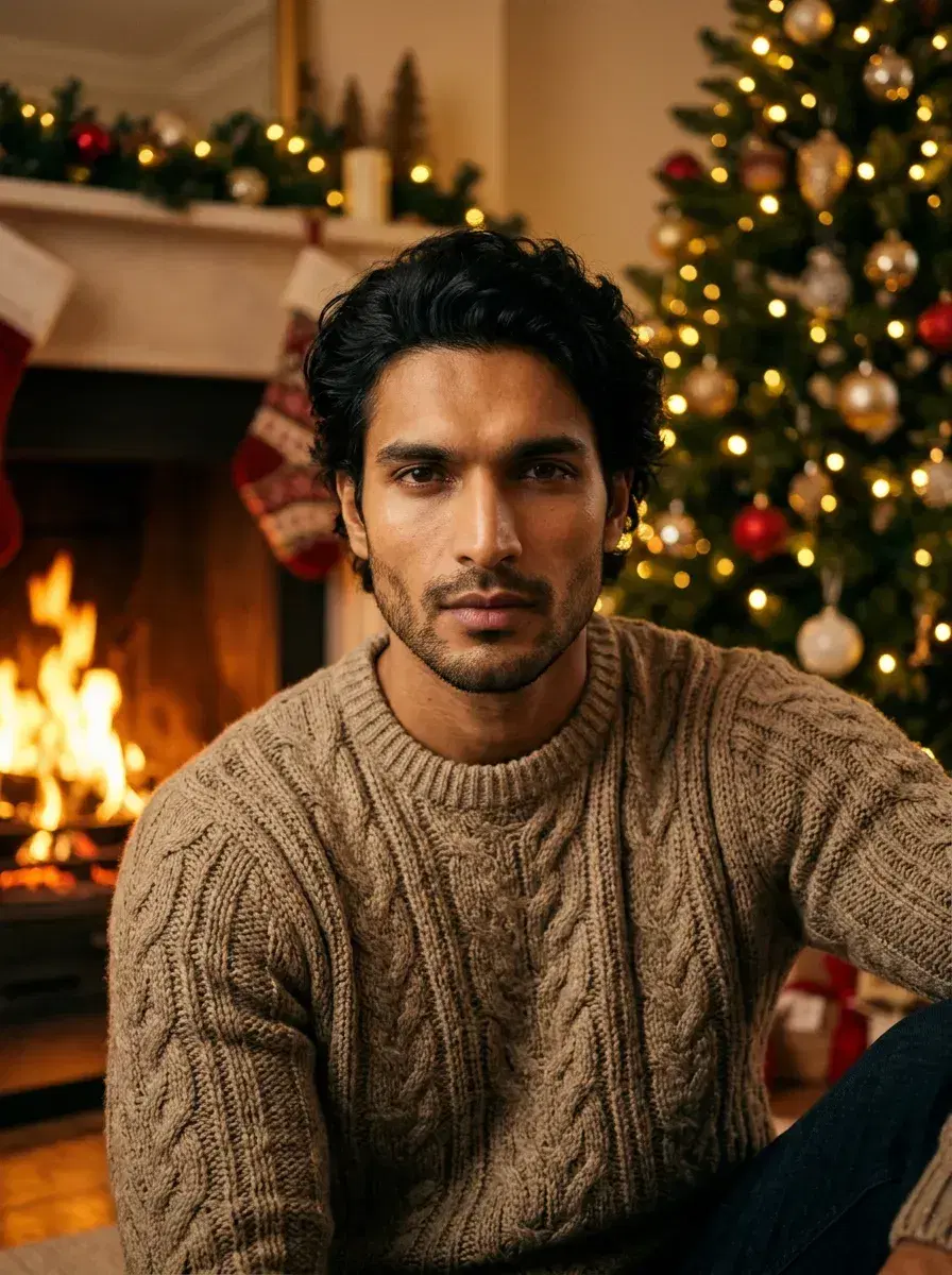 AI AI Christmas Photos — snowy rooftop, city skyline at dusk, mulled wine, snowfall