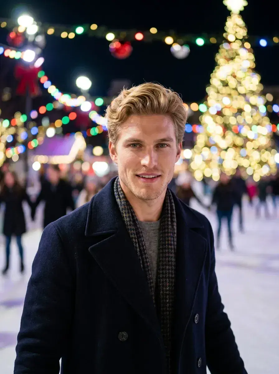 AI AI Christmas Photos — cozy fireplace, glowing Christmas tree, warm bokeh