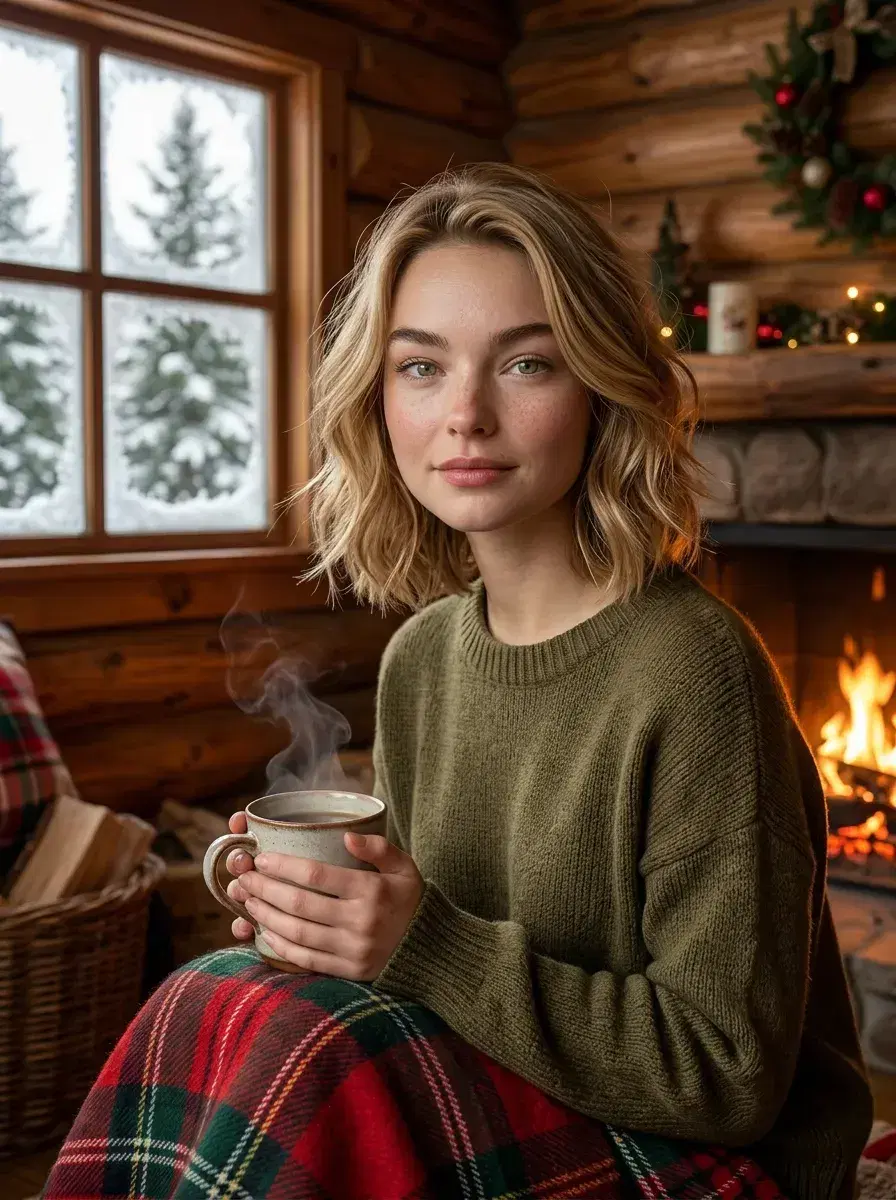 AI AI Christmas Photos — snowy city street at night, Christmas lights, snowfall