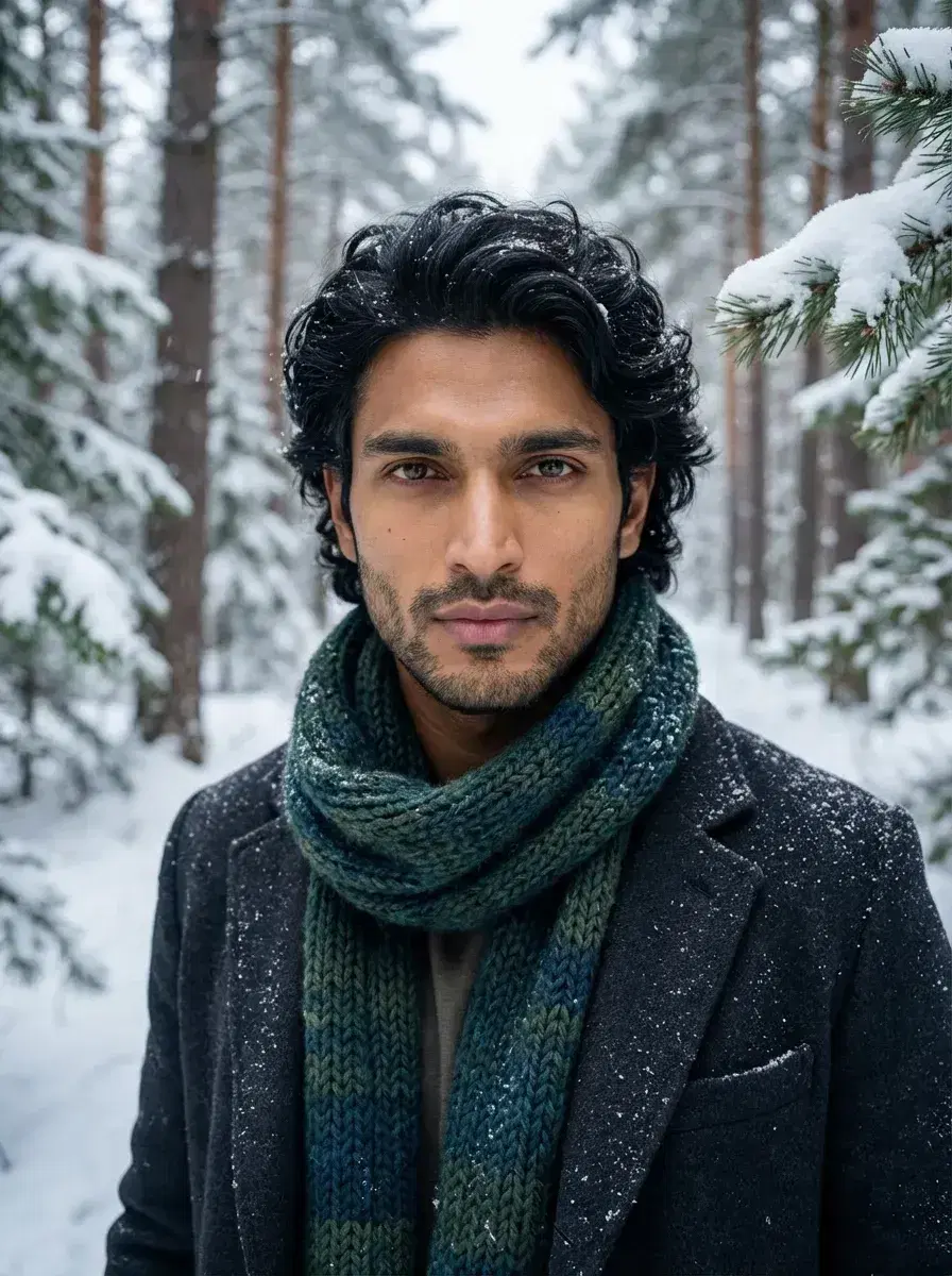 AI AI Christmas Photos — snowy pine forest, serene winter light, cozy winter coat