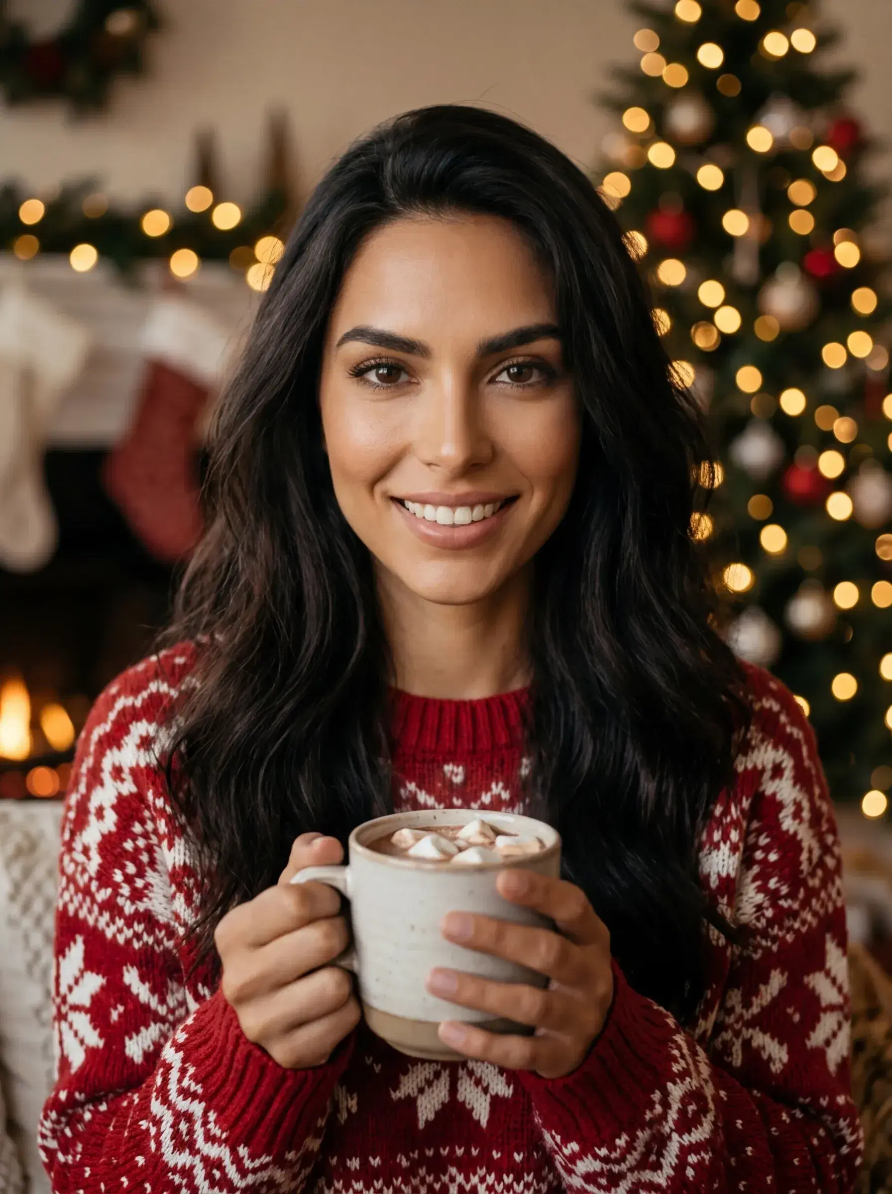 AI AI Christmas Photos — Christmas tree fairy lights, cozy knitwear, hot chocolate mug