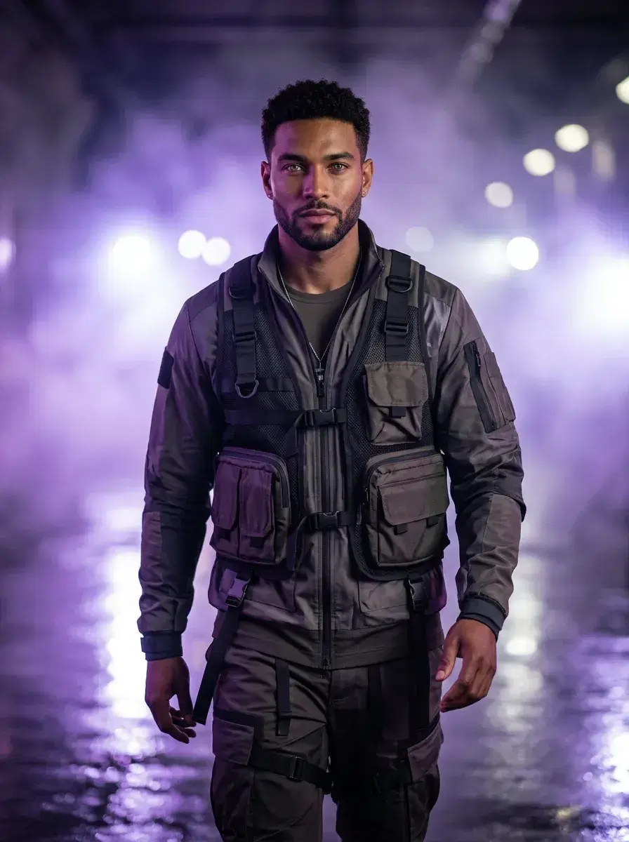 AI AI Cyberpunk Photos — Neon Noir Portraits — Three-quarter AI cyberpunk photo in smoky neon tunnel with purple haze