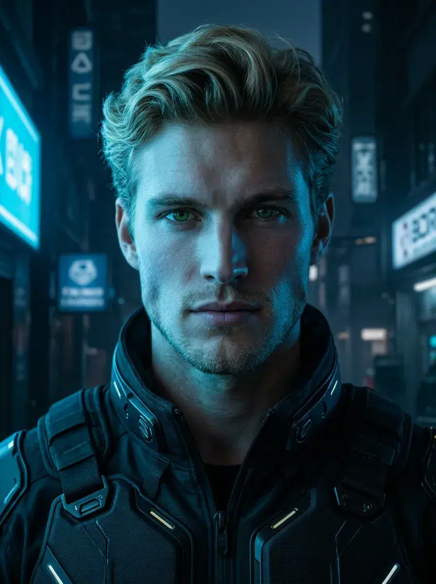 AI AI Cyberpunk Photos — Neon Noir Portraits — Close-up AI cyberpunk portrait with cold blue neon panel lighting