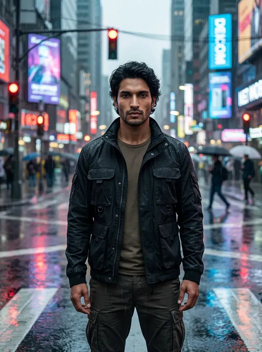 AI AI Cyberpunk Photos — Neon Noir Portraits — Medium AI cyberpunk photo at neon rain-soaked city intersection