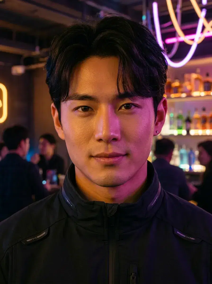 AI AI Cyberpunk Photos — Neon Noir Portraits — Chest-up AI cyberpunk photo inside a neon underground bar