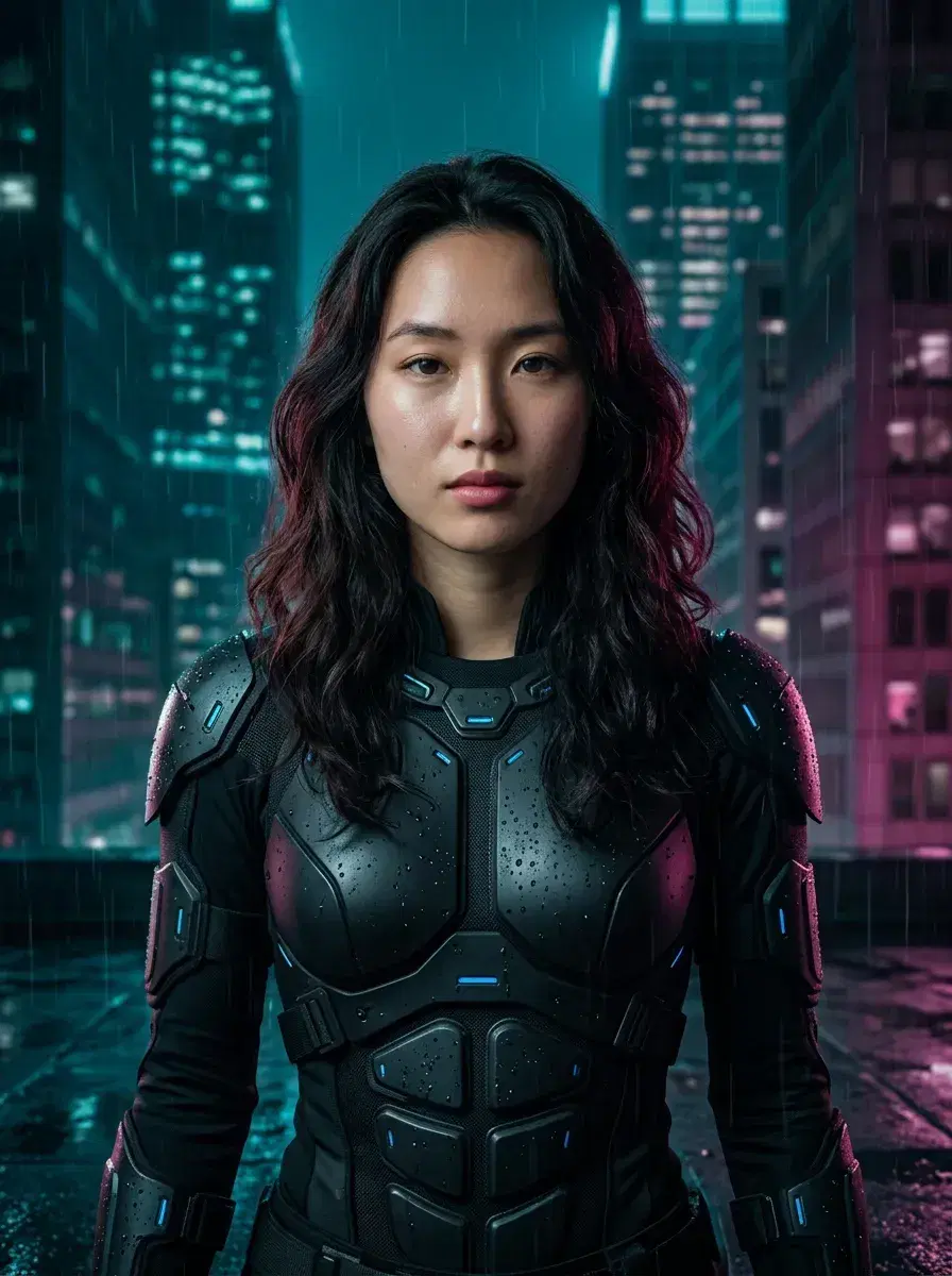 AI AI Cyberpunk Photos — Neon Noir Portraits — Three-quarter AI cyberpunk rooftop portrait with teal and magenta megacity glow