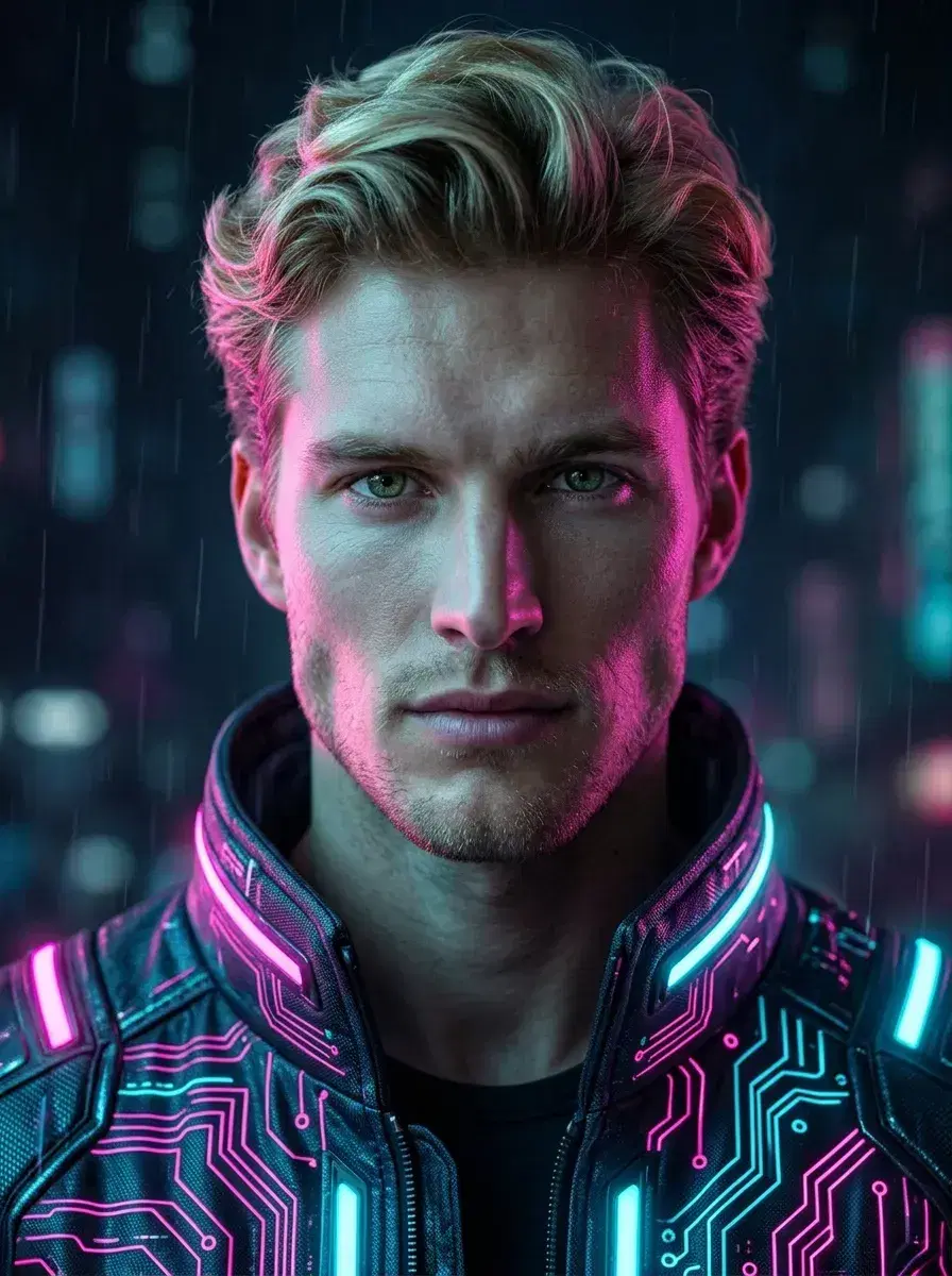 AI AI Cyberpunk Photos — Neon Noir Portraits — Close-up AI cyberpunk portrait with neon pink and blue lighting