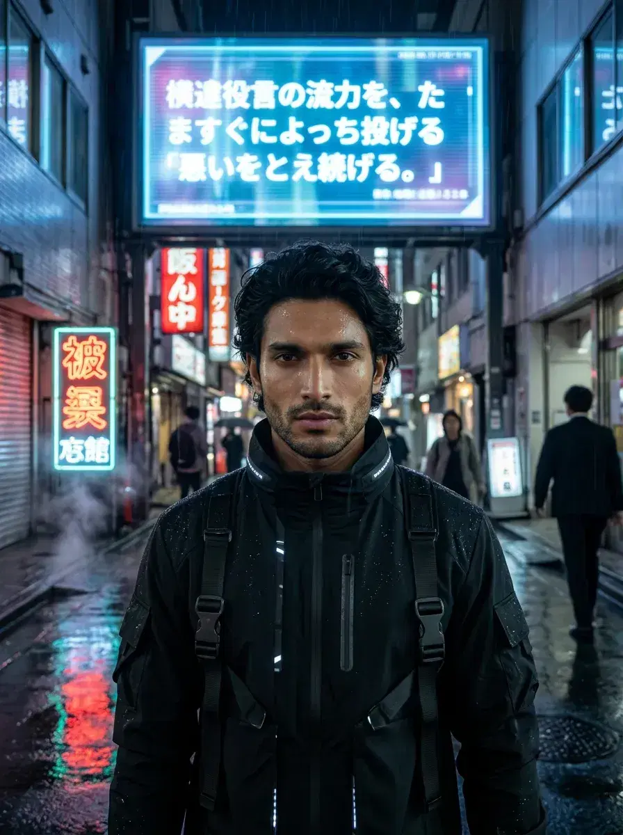 AI AI Cyberpunk Photos — Neon Noir Portraits — Waist-up AI cyberpunk photo in neon Tokyo alley with holographic billboard