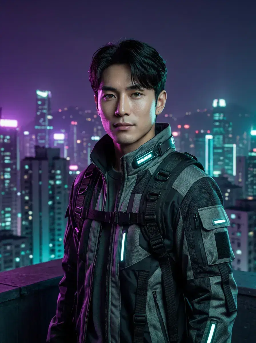 AI AI Cyberpunk Photos — Neon Noir Portraits — Three-quarter AI cyberpunk photo on rooftop overlooking neon megacity