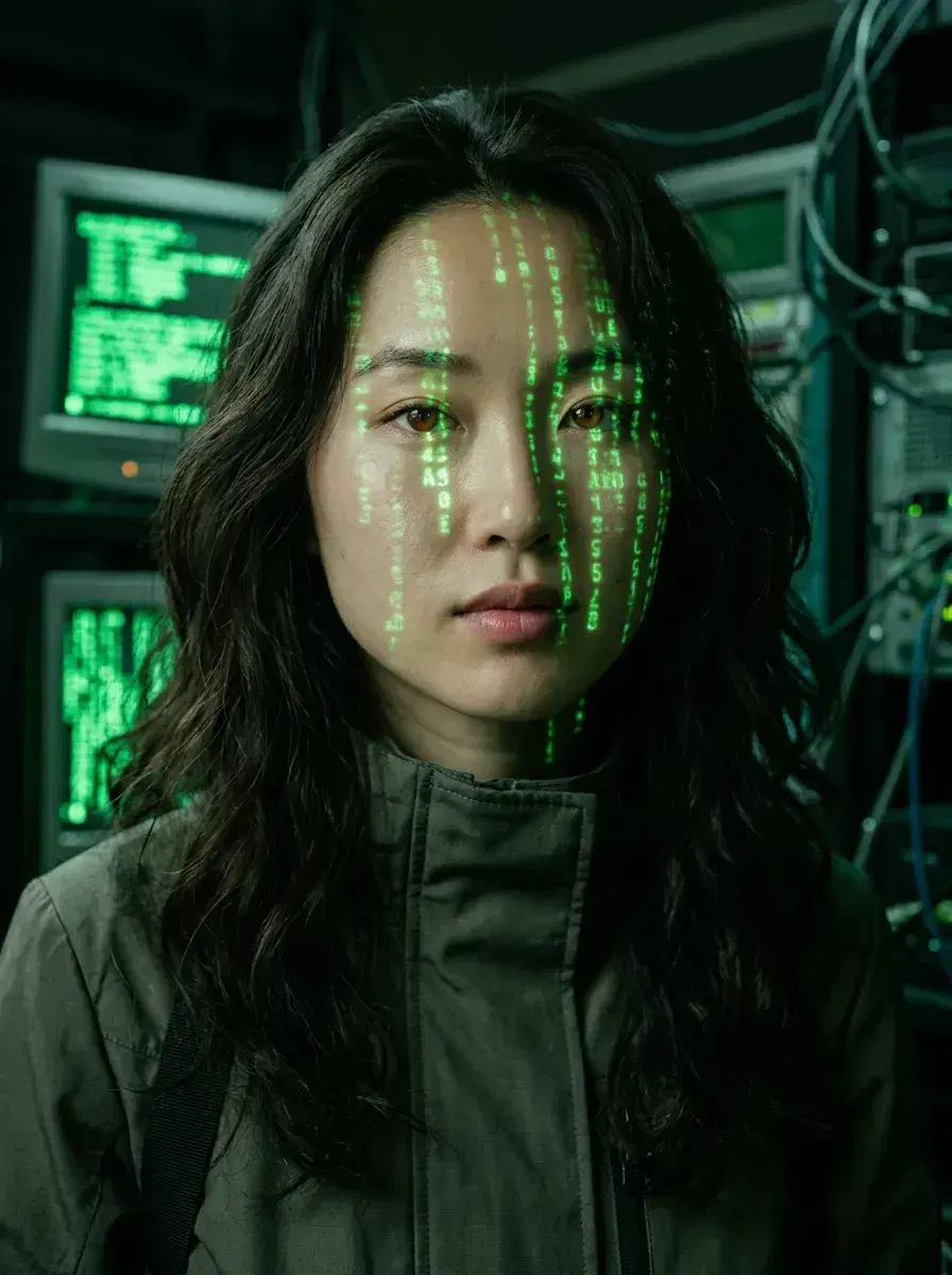 AI AI Cyberpunk Photos — Neon Noir Portraits — Chest-up AI cyberpunk photo inside a hacker den with green data screens